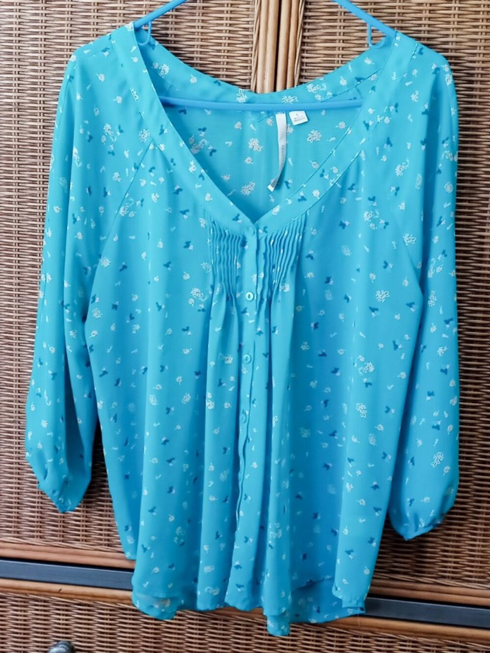 LC Lauren Conrad Women's Sz L Turquoise Blue Floral Semi-Sheer Blouse 3/4 Sleeve - Picture 2 of 15